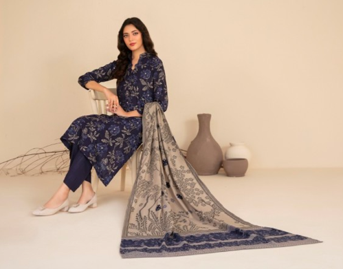 Tawakal by Mulakat Navy Blue Floral 3 Pice Suit Unstiched – Elegant Printed Traditional Wear