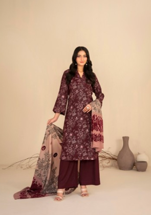 Tawakal by Mulakat Maroon Plum Printed 3 Pice Suit Unstiched – Elegant Floral Wear