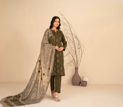 Tawakal by Mulakat Olive Green Printed 3 Pice Suit Unstiched – Elegant Traditional Collection