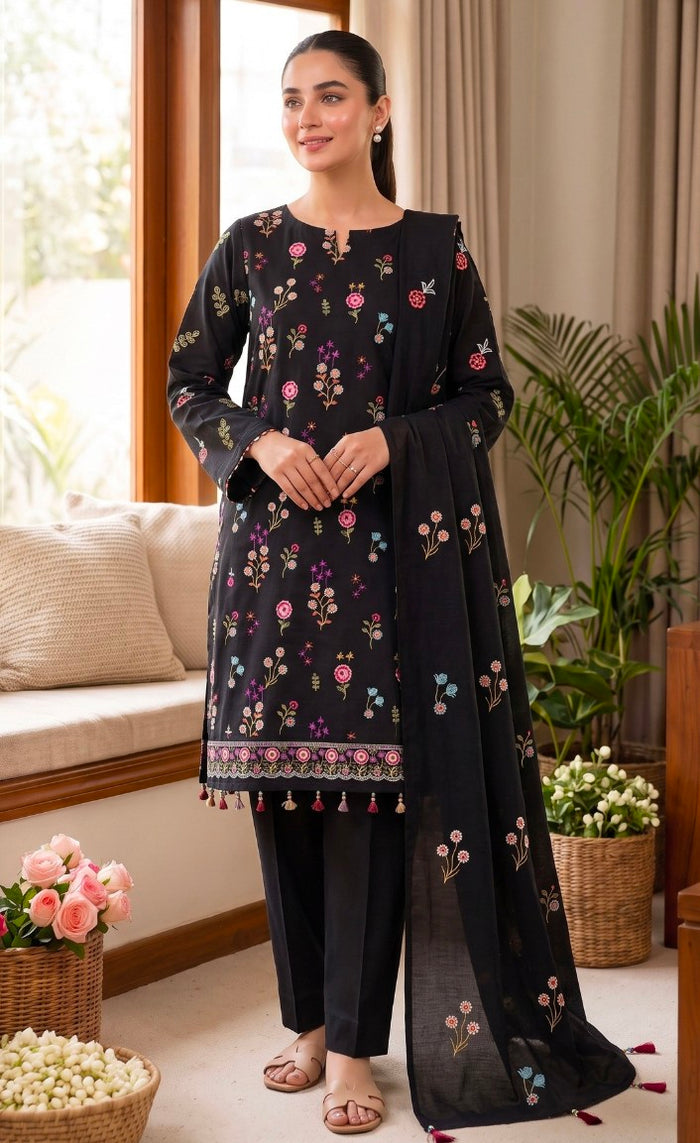 Breeze Black Floral 3 Pice Suit Unstiched – Elegant Embroidered Style Collection