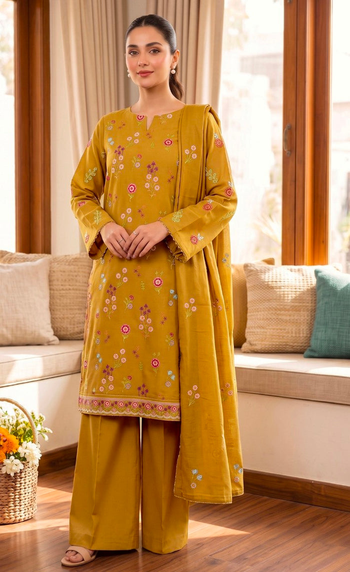 Breeze Mustard Yellow Floral 3 Pice Suit Unstiched – Elegant Festive Wear