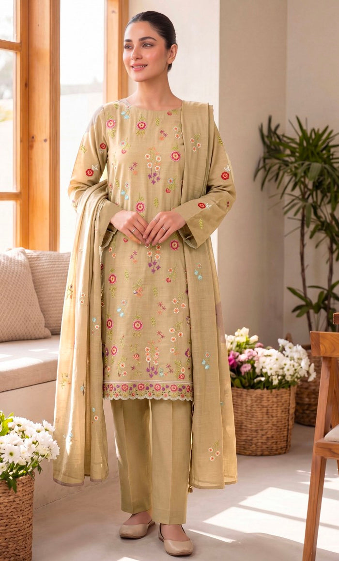 Breeze Beige Cream Floral 3 Pice Suit Unstiched – Elegant Soft Tone Collection