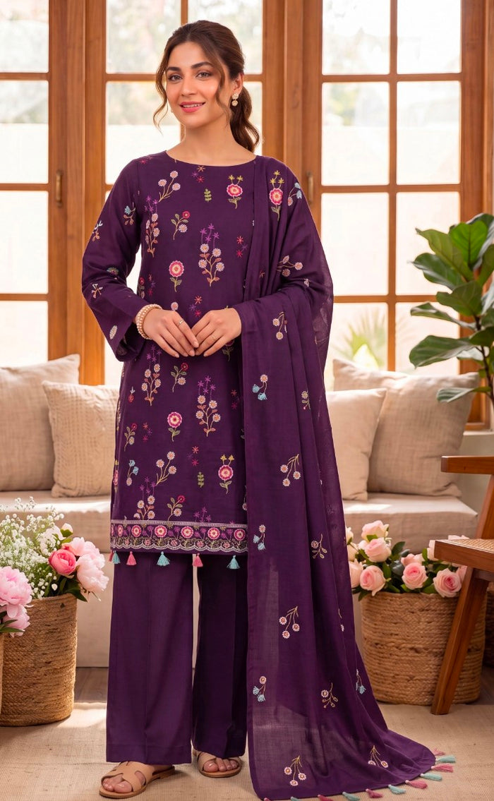 Breeze Deep Purple Floral 3 Pice Suit Unstiched – Elegant Embroidered Style Collection
