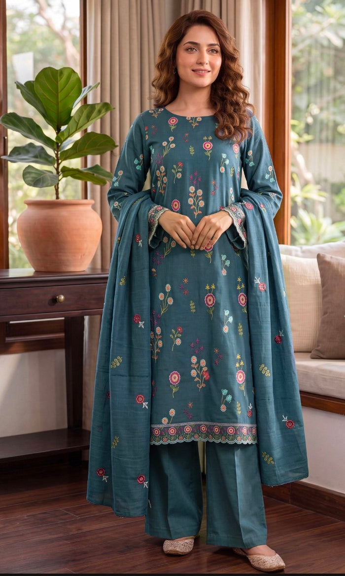 Breeze Teal Blue Floral 3 Pice Suit Unstiched – Elegant Embroidered Style Wear