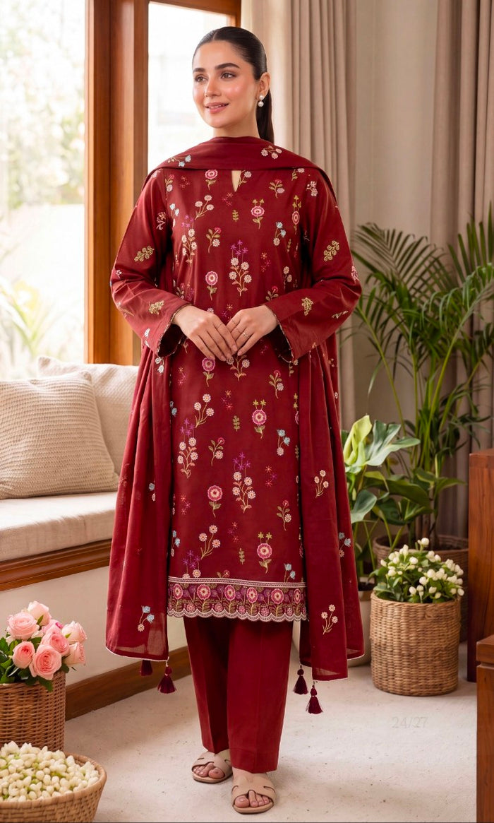 Breeze Maroon Floral 3 Pice Suit Unstiched – Elegant Traditional Party Wear