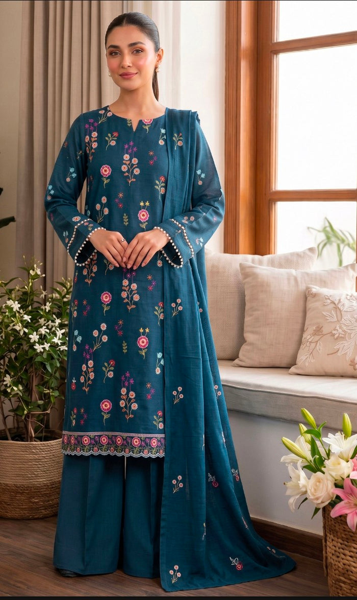 Breeze Teal Blue Floral 3 Pice Suit Unstiched – Stylish Traditional Collection