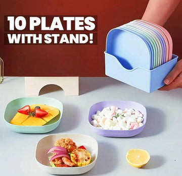 Kitchen Accessories Square Plastic Dinner Plate Set Set of 10 Pcs Colorful Snacks Breakfast Plate with Stand Kitchen Tools 10Pcs MultiColor