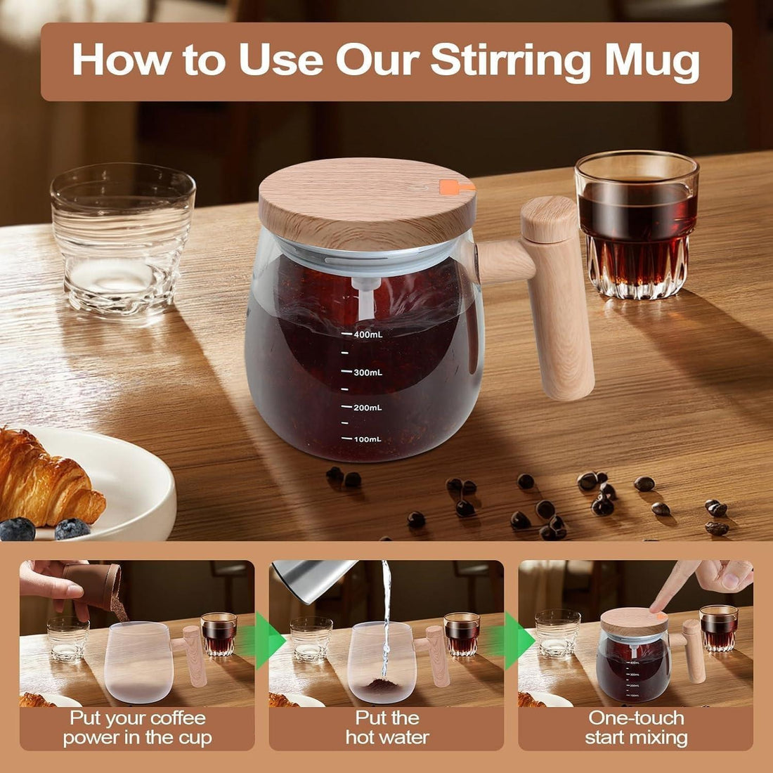 Wooden Design Automatic Self-Stirring Coffee Mug – One Click Electric Mixing Glass Cup